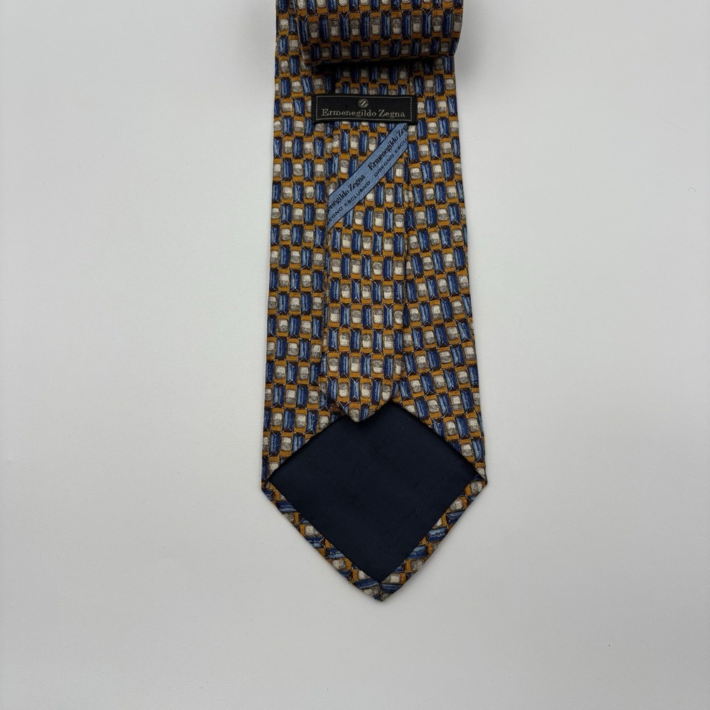 Ermenegildo Zegna Tie Mens Gold Blue Silver Geometric Silk Woven Italy Dress - Picture 2 of 6